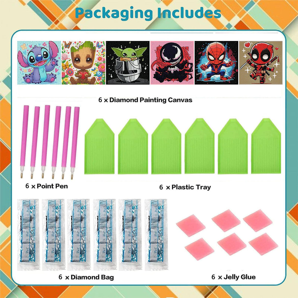 Sretoul 6 Pack Cartoon Diamond Art Kits for Kids- 6 Pack Small Diamond Art Painting, Arts and Crafts for Kids Ages 4-8-12 6X6 Inch Sretoul