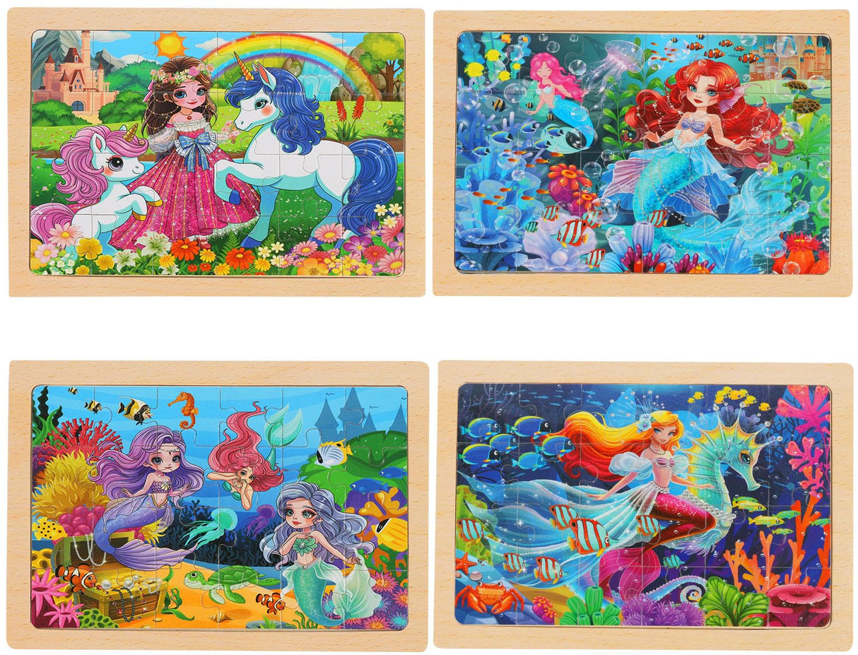 Wooden Puzzles for Kids Ages 4-6, 24 Piece Unicorn Mermaid Princess Jigsaw Puzzles 4 Packs, Preschool Toddlers Learning Activity Puzzles Toys for Girls 3 4 5 6 Years Old OSBOO