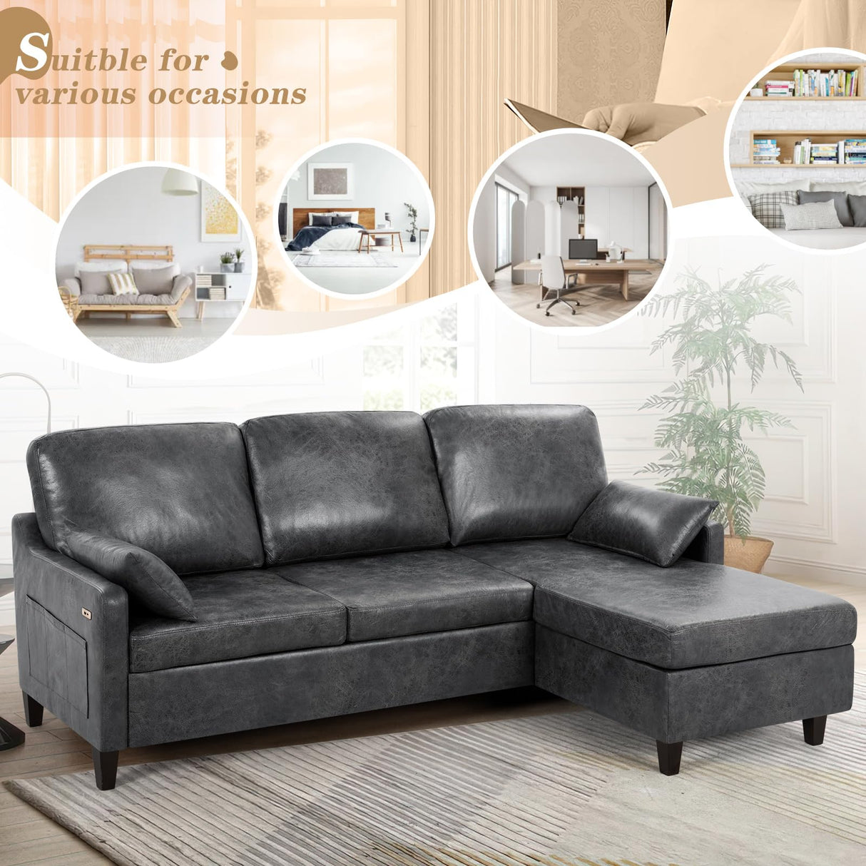 ACMEASE 76" Sectional Sofa Couch with Reversible Chaise, Suede Leather L Shaped Sofa w/USB Charger Ports & Storage Bag, Convertible Modern Couch w/Storage Space for Living Room, Small Space, Grey ACMEASE