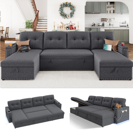 HIFIT 112" Sectional Couches for Living Room- Pull Out Sleeper Sofa Couch w/Storage Chaise,Storage Armrest,LED Light&USB Port&Cupholder, Modern Linen U Shaped Home Sofa Living Room Furniture Set, Grey HIFIT