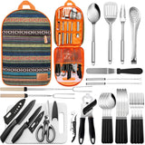 Portable Camping Kitchen Utensil Set-27 Piece Cookware Kit, Stainless Steel Outdoor Cooking and Grilling Utensil Organizer Travel Set Perfect for Travel, Picnics, RVs, Camping, BBQs, Parties and More Freehiker