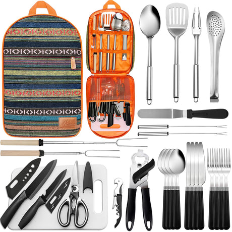 Portable Camping Kitchen Utensil Set-27 Piece Cookware Kit, Stainless Steel Outdoor Cooking and Grilling Utensil Organizer Travel Set Perfect for Travel, Picnics, RVs, Camping, BBQs, Parties and More Freehiker
