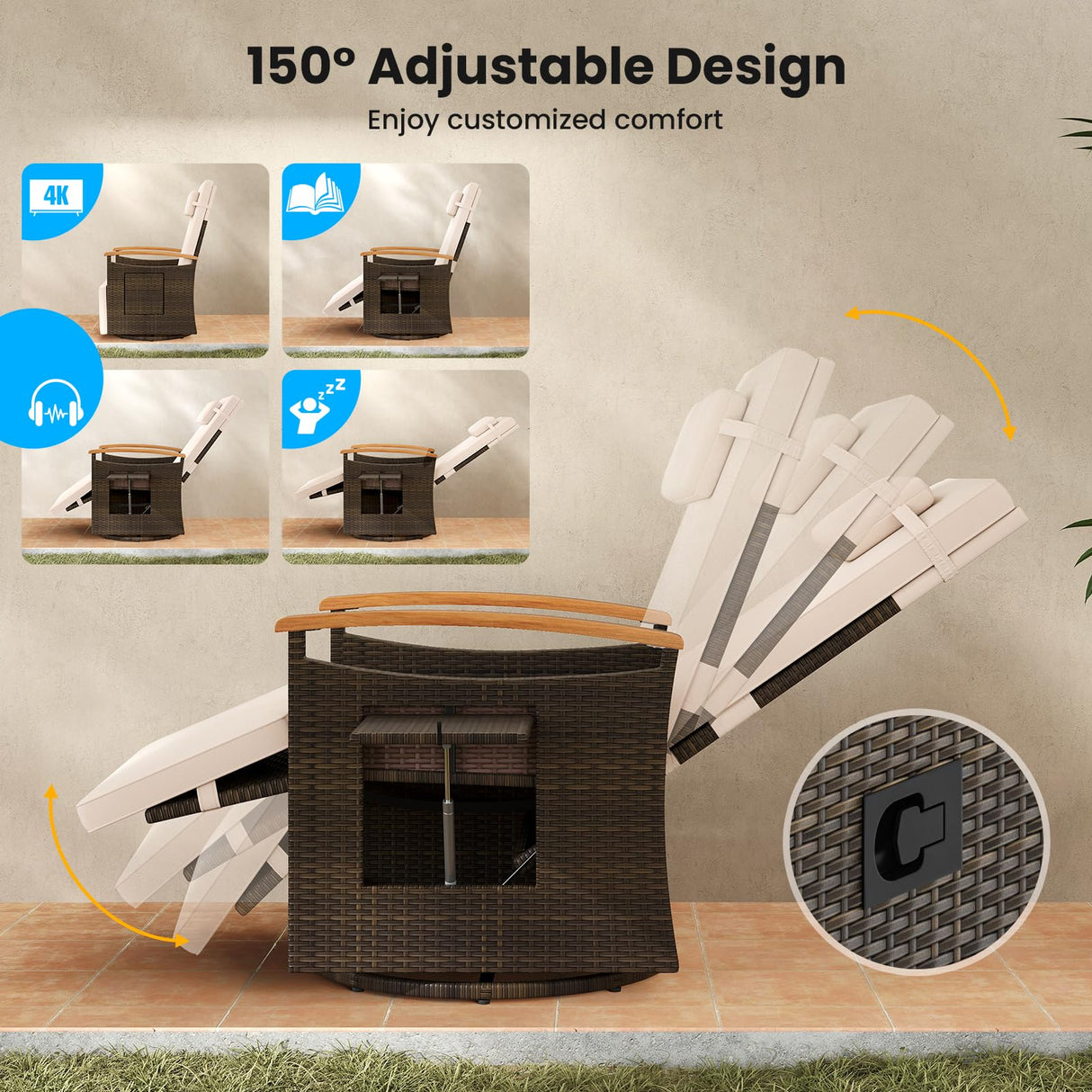 Tangkula Patio Rattan 360 Degree Swivel Recliner Chair, Wicker Lounge Chair w/Adjustable Backrest & Footrest, Cushioned Push Back Reclining Seat w/Flip Side Table for Porch, Yard, Lawn (1, Beige) Tangkula