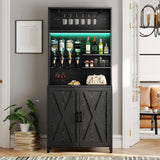 DWVO Farmhouse Bar Cabinet w/LED Lights, 71" Tall Wine Bar Cabinet for Liquor & Glasses, 4-Bottle Liquor Dispenser & Wine Rack, Kitchen Cabinet w/Storage, Black DWVO