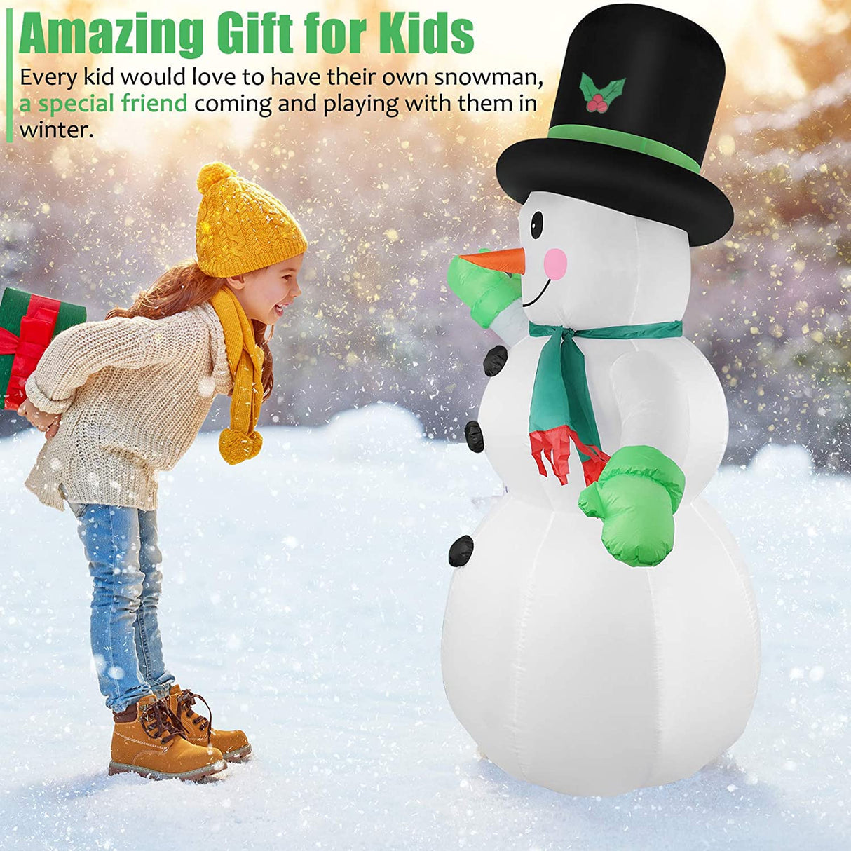 7 FT Christmas Inflatables Snowman Outdoor Yard Decorations, Christmas Blow up Snow Man with LED Lights & Black Hat, Winter Outside Decor for Holiday Party Patio Garden Lawn, Xmas New Year Kids Gifts Thanger