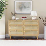 ROCKINGRUN 6 Drawer Rattan Dresser for Bedroom, Modern Wood Storage Closet Dressers Chest of Drawers with Golden Handles, Side Accent Table Organizer for Living Room Hallway Entryway (Natural) ROCKINGRUN