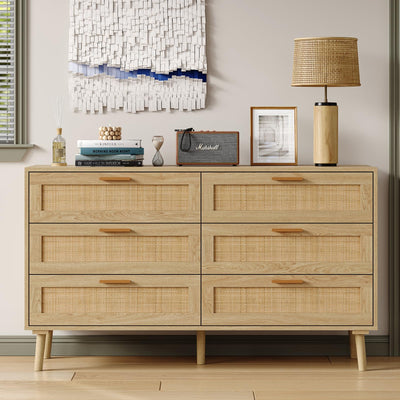 Furniouse 6 Drawer Double Dresser for Bedroom, 47.3" Rattan Chest of Dressers with Storage and Gold Handle, Natural Rattan Dresser for Living Room, Hallway, Entryway