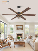 Glowivia 60 Inch Farmhouse Ceiling Fans with Lights and Remote,Black Industrial Caged Plug in Ceiling Fan with 6 Speeds and Reversible DC Motor,Double-Sided 6 Blades for Bedroom Living Room Garage Glowivia