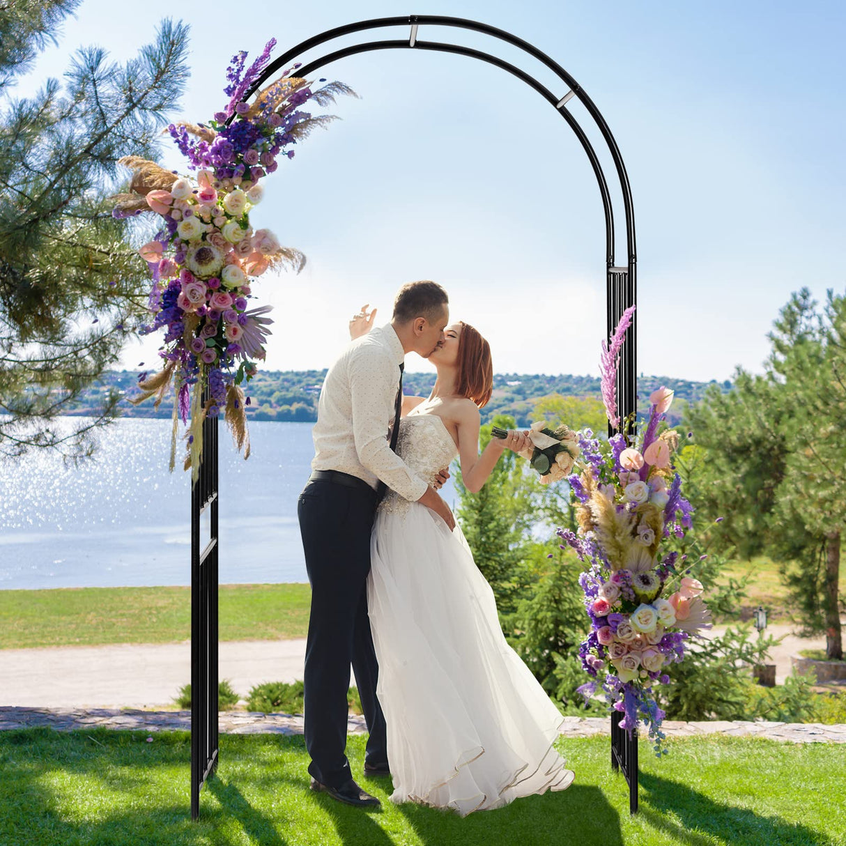 LDAILY Moccha Garden Arch Arbor Trellis, 7.2Ft Outdoor Steel Arbor with Stakes, Metal Archway for Climbing Plants, Wide Sturdy Durable Garden Arch for Lawn, Party, Ceremony Wedding Decoration, Black LDAILY