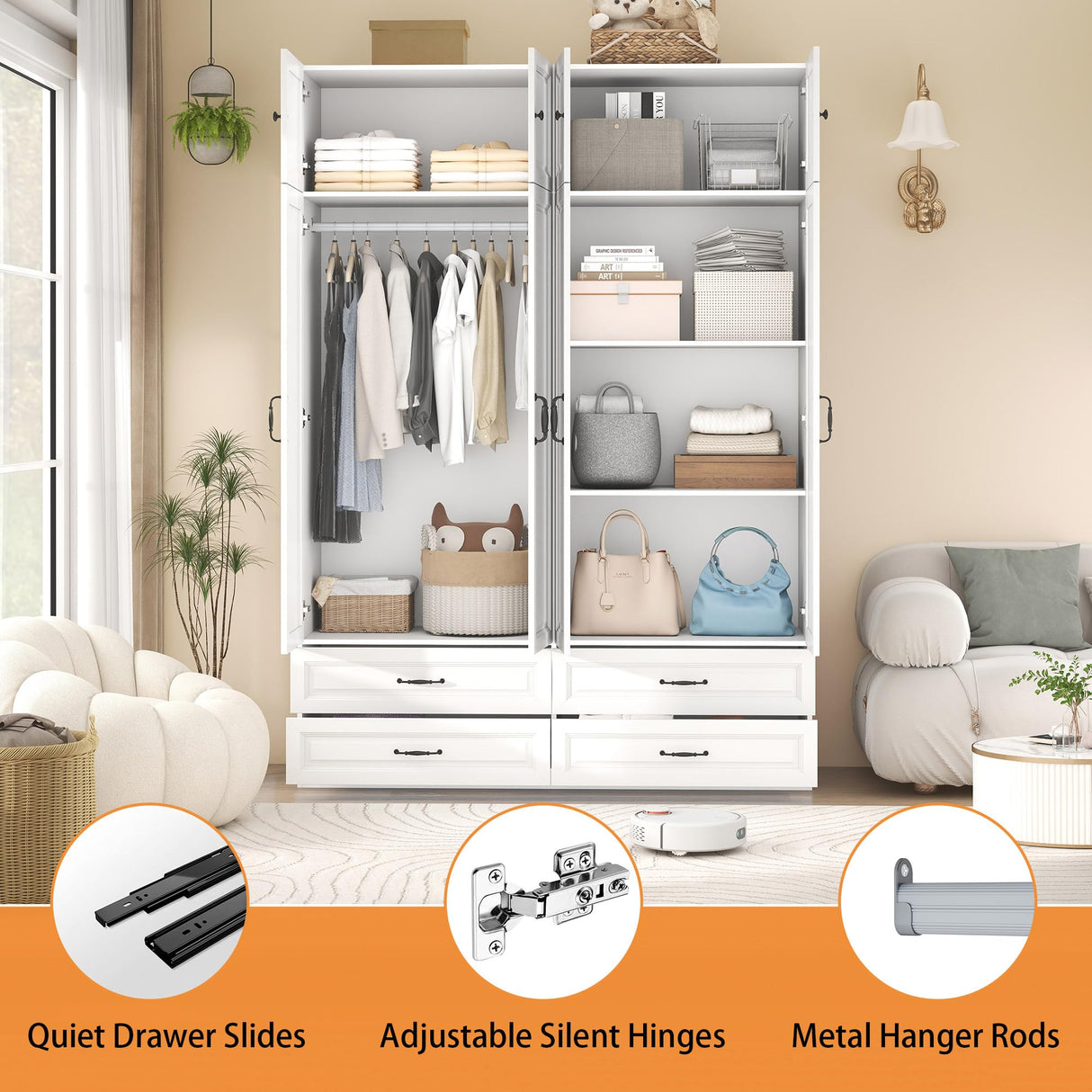 Mhsatyrs Armoire Wardrobe Closet with 4 Drawers: 88" White Bedroom Closet, Wood Wardrobe Closets with 4 Doors, Tall Armoire Cabinet and Storage Shelves for Clothing (63") Mhsatyrs