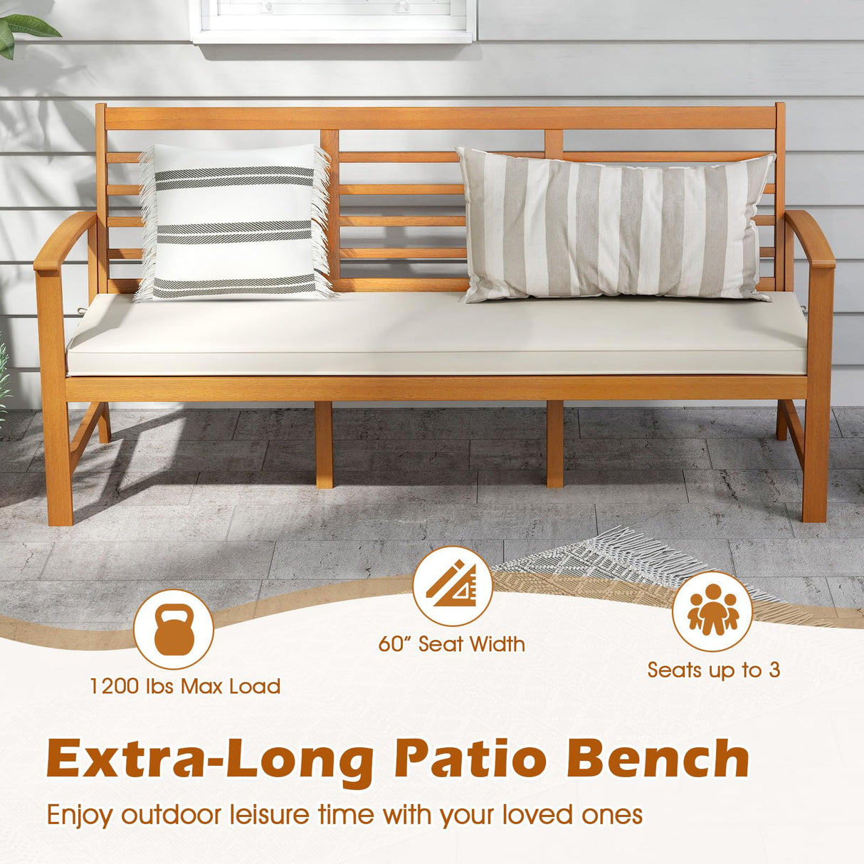 Tangkula 64 Inch Patio Acacia Wood Bench, 3-Seat Extra Long Chair with Cushion, Slatted Seat & Backrest, 3-Person Outdoor Wood Bench for Backyard, Porch, Balcony & Garden Tangkula