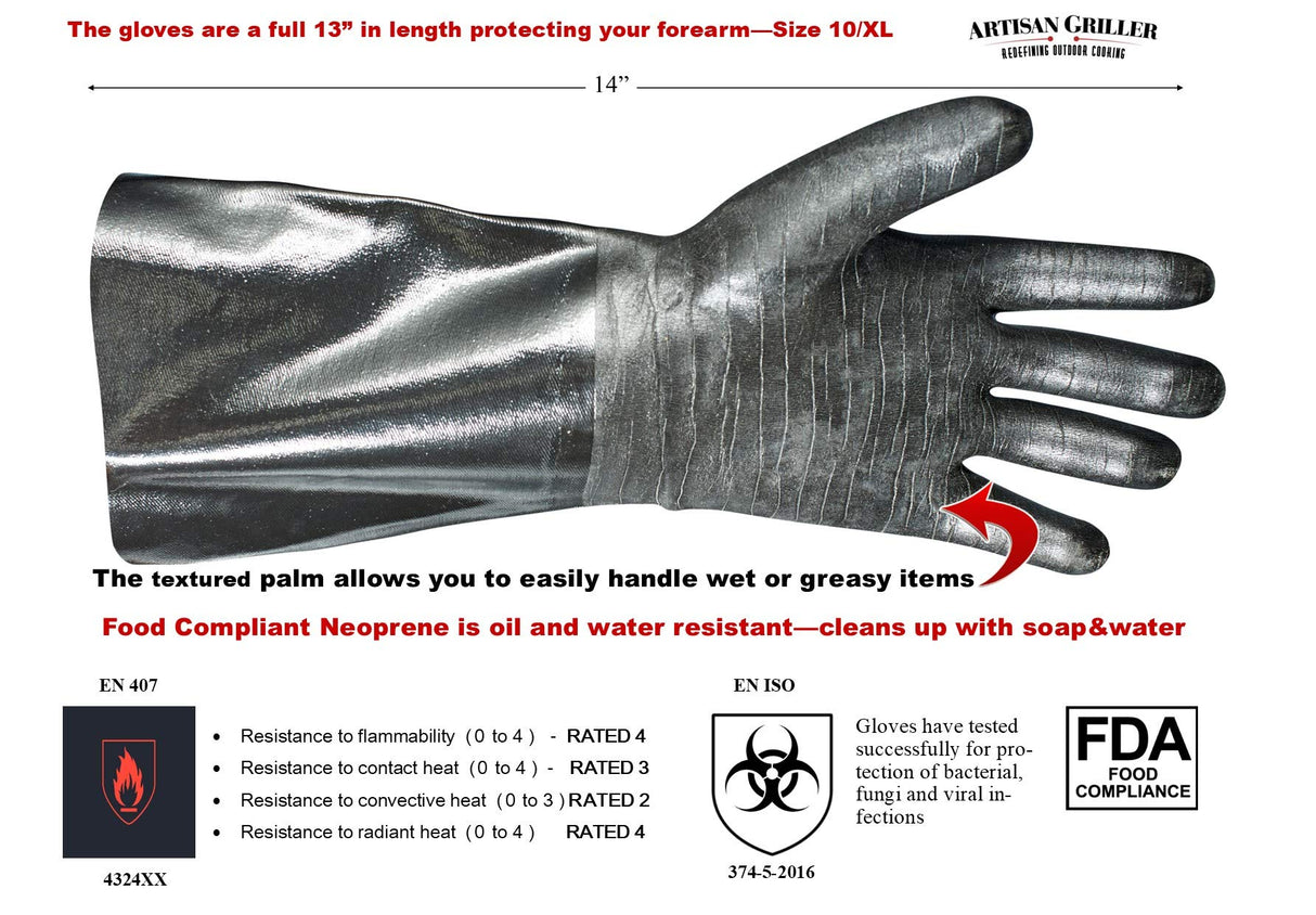 Artisan Griller BBQ, Smoker & Oven glove- Insulated Heat Resistant for Fryer & Kitchen. Great Barbecue Smoking Oyster Mitt–Turkey Fryer, Oil,Fire & Water resistant -(Size 10/XL – Black neoprene) ARTISAN GRILLER REDEFINING OUTDOOR COOKING