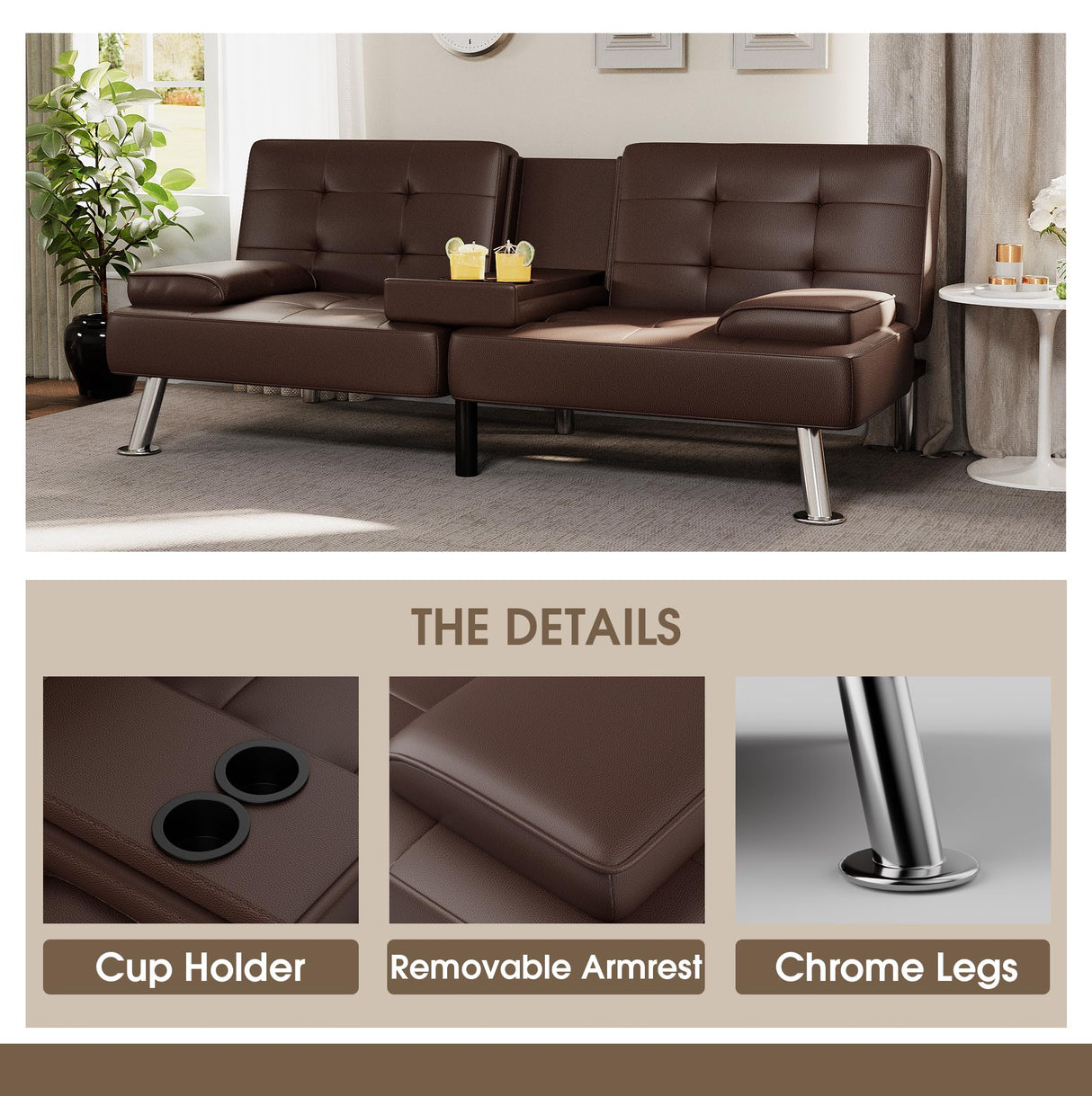 Flamaker Futon Sofa Bed Modern Folding Futon Set Convertible Recliner Lounge for Living Room with 2 Cup Holders, Removable Armrests (PU Leather, Brown) Flamaker
