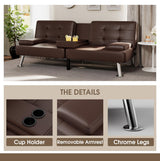 Flamaker Futon Sofa Bed Modern Folding Futon Set Convertible Recliner Lounge for Living Room with 2 Cup Holders, Removable Armrests (PU Leather, Brown) Flamaker