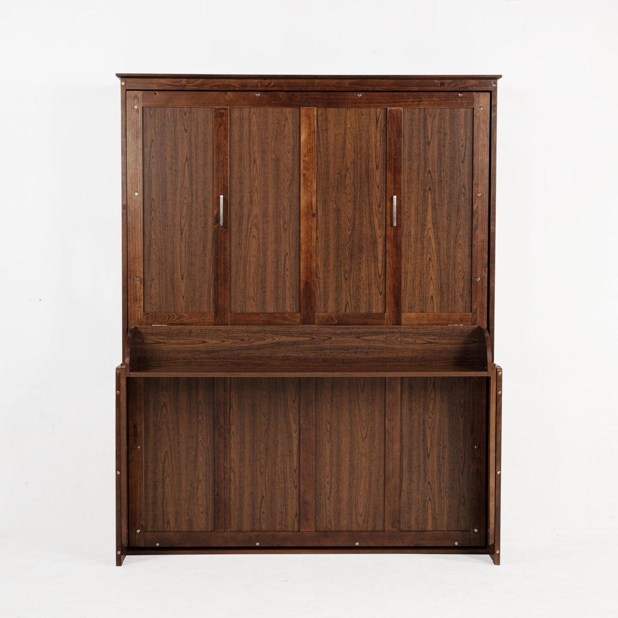 MaiDeHaoo Queen Size Murphy Bed with Desk, Space Saving Folding Wall Bed with Desk, Horizontal Wood Wall Bed Cabinet with Gas Struts for Small Room Bedroom Guest Room Home Office, Walnut MaiDeHaoo