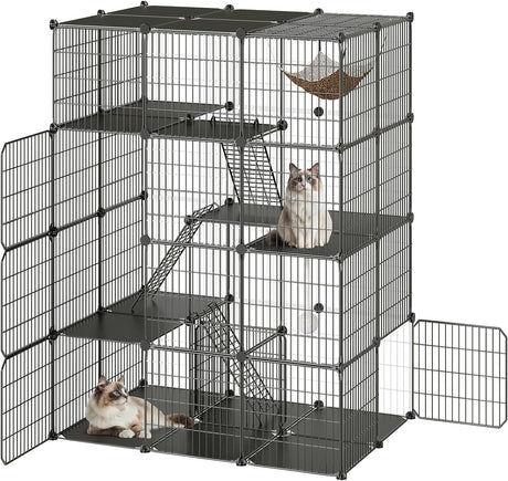 Large Cat Cage, 4-Tier Cat Enclosures Indoor, DIY Cat Kennel Detachable Metal Wire Catio Playpen with Hammock and Hanging Balls, for 1-3 Cats, Ease to Assembly, Black BK02PP03G1N1 HOOBRO