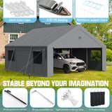 Benass 20x20 Carport Canopy, Heavy Duty Car Port, Portable Car Ports Garage with 2 Roll-Up Drive Through Doors, Grey Benass
