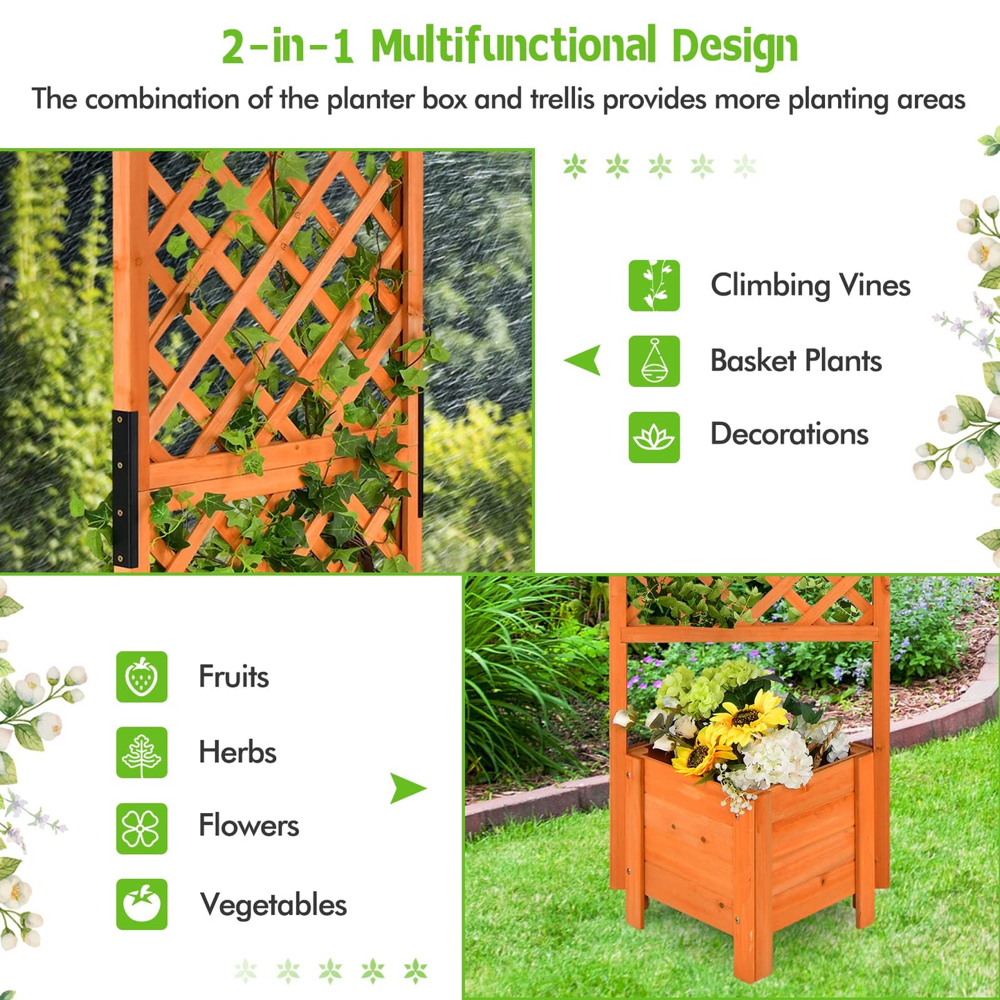 Giantex Planter Raised Bed with Trellis, Wood Raised Garden Bed 71” High Trellis for Plant Flower Climbing or Pot Hanging, Indoor Outdoor Use for Yard Balcony Corner - WoodArtSupply