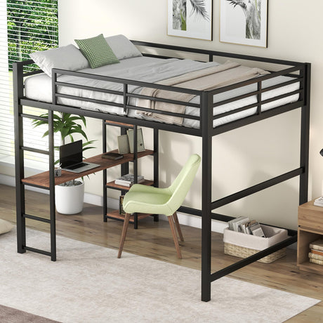 Full Size Loft Bed - Metal Loft Bed with Built-in Desk and Storage Shelves, Industrial Heavy Duty Bed Frame with Safety Guardrail, Space Saving for Bedroom Guest Room Dormitory Apartment, Black Ibraccieni