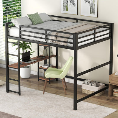 Full Size Loft Bed - Metal Loft Bed with Built-in Desk and Storage Shelves, Industrial Heavy Duty Bed Frame with Safety Guardrail, Space Saving for Bedroom Guest Room Dormitory Apartment, Black
