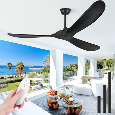Haipeel 60 Inch Wood Ceiling Fans without Lights, Indoor Outdoor Ceiling Fan no Light with Remote Control, Modern Black Ceiling Fans no Lights 3 Blade Propeller for Farmhouse Garage ETL, Matte Black Haipeel