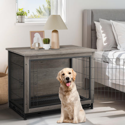 JY QAQA Dog Crate Furniture, Wooden Dog Crate Table, Double-Doors Dog Furniture, Indoor Dog Kennel, Dog House, Dog Cage/Grey/XL - WoodArtSupply