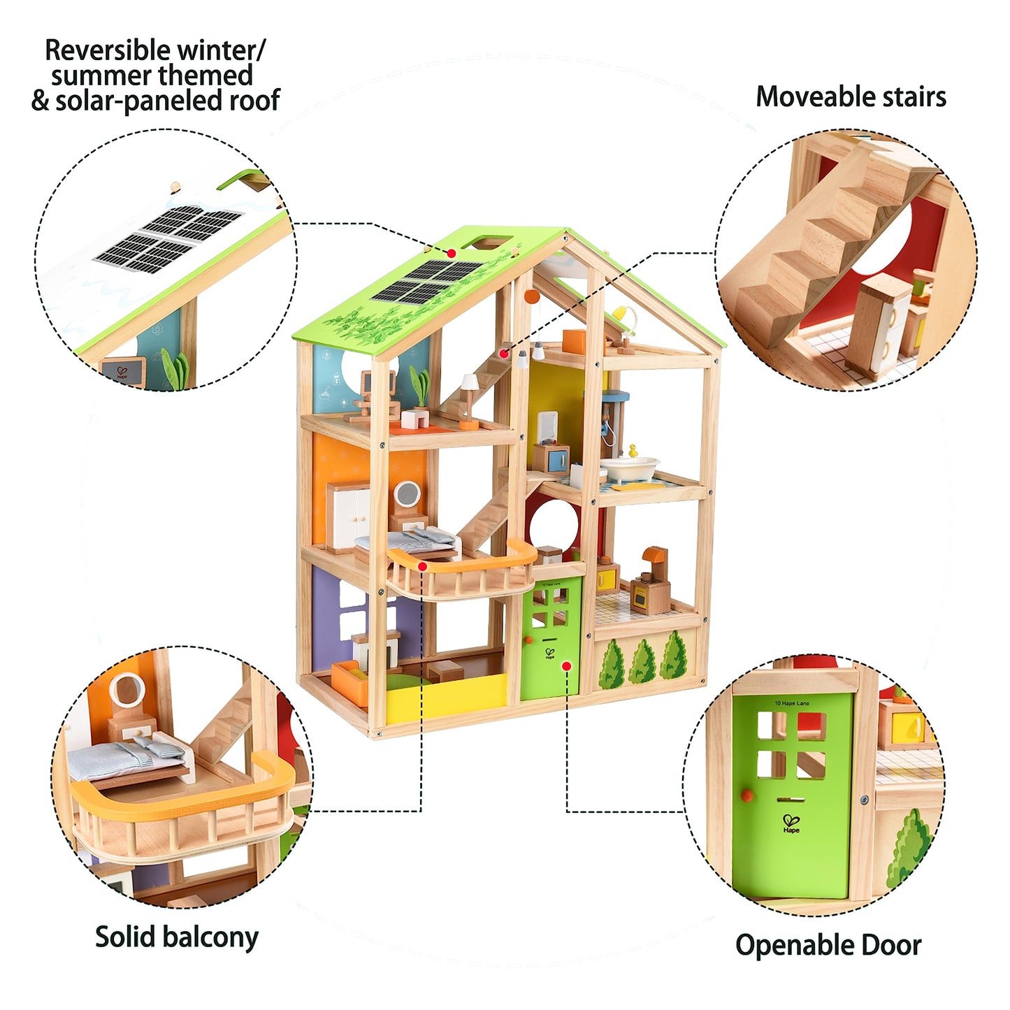 All Seasons Kids Wooden Dollhouse by Hape | Award Winning 3 Story Dolls House Toy with Furniture, Accessories, Movable Stairs and Reversible Season Theme L: 23.6, W: 11.8, H: 28.9 inch - WoodArtSupply