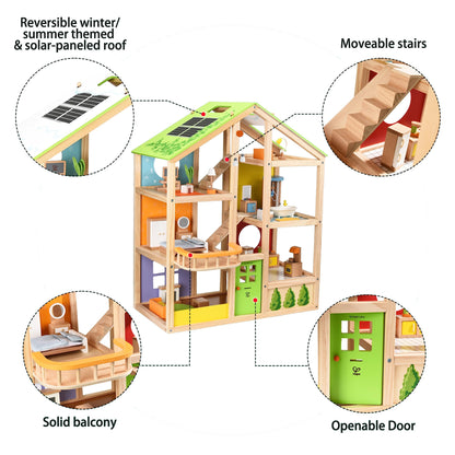 All Seasons Kids Wooden Dollhouse by Hape | Award Winning 3 Story Dolls House Toy with Furniture, Accessories, Movable Stairs and Reversible Season Theme L: 23.6, W: 11.8, H: 28.9 inch - WoodArtSupply