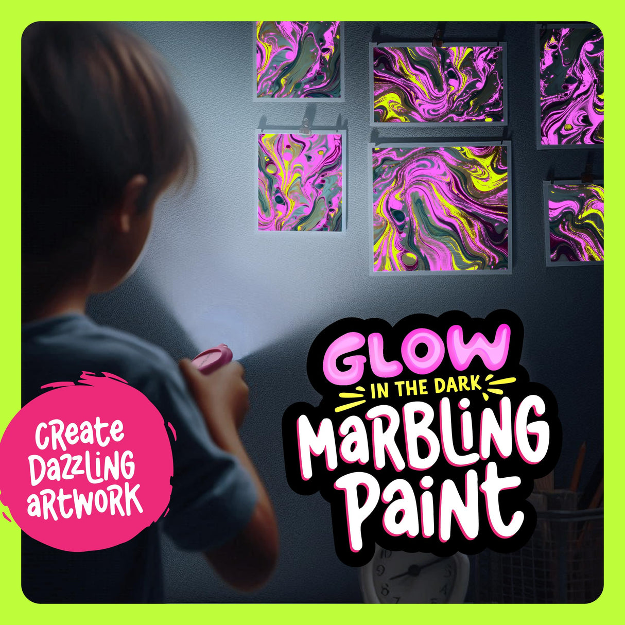 Dan&Darci Glow in The Dark Marble Paint Kit for Kids - Water Marbling Painting Art Set for Boys & Girls Ages 6, 7, 8, 9, 10, 11, 12 Year Old - Kid Crafts Birthday Gifts Toys - Arts Craft Activities Dan&Darci