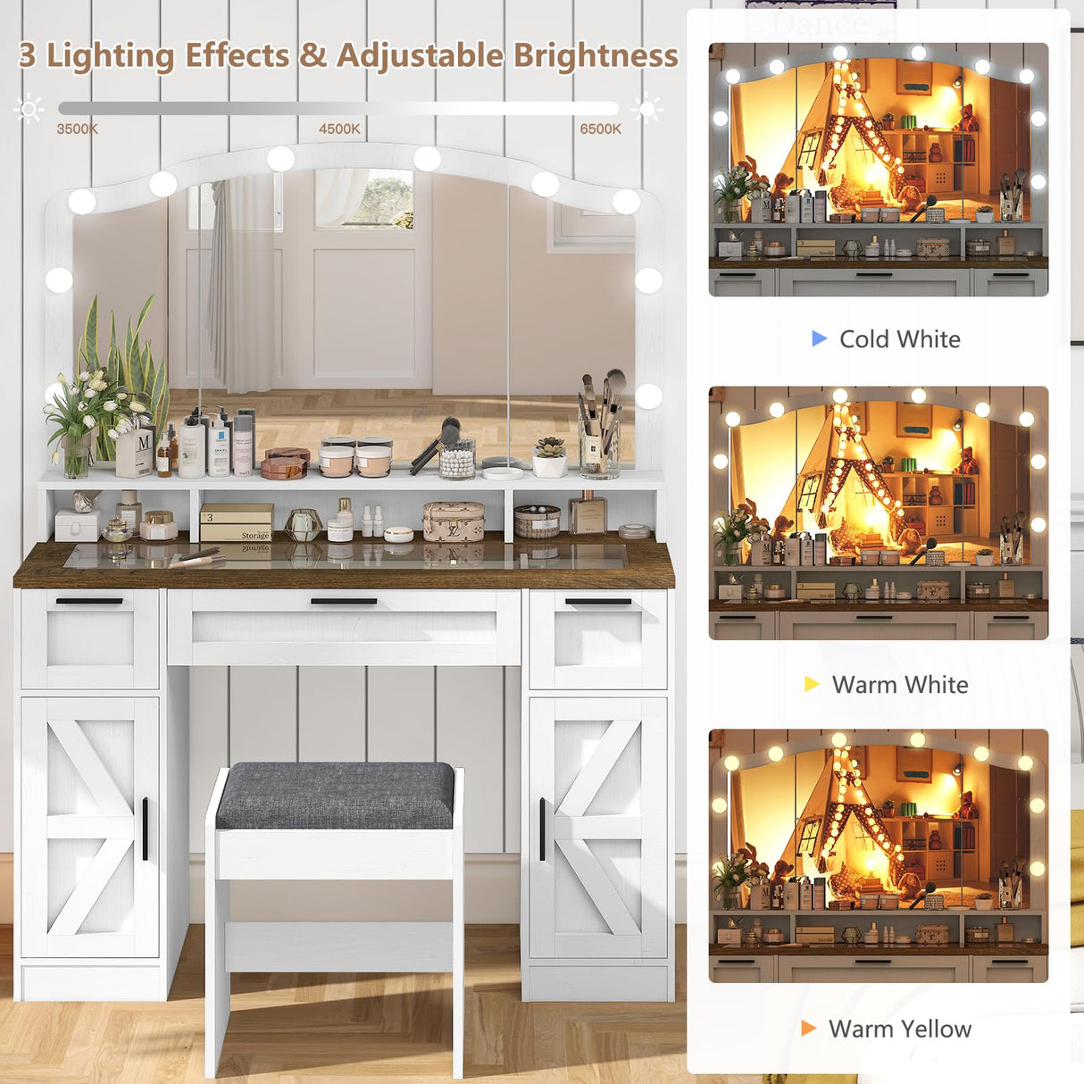 usikey Farmhouse Vanity Desk with Large Lighted Mirror and 10 Lights, 43.3" Glass Tabletop Makeup Vanity with 3 drawers, Large Vanity Tabel Set with Long Shelf, 2 Cabinets and Stool, Antique White usikey