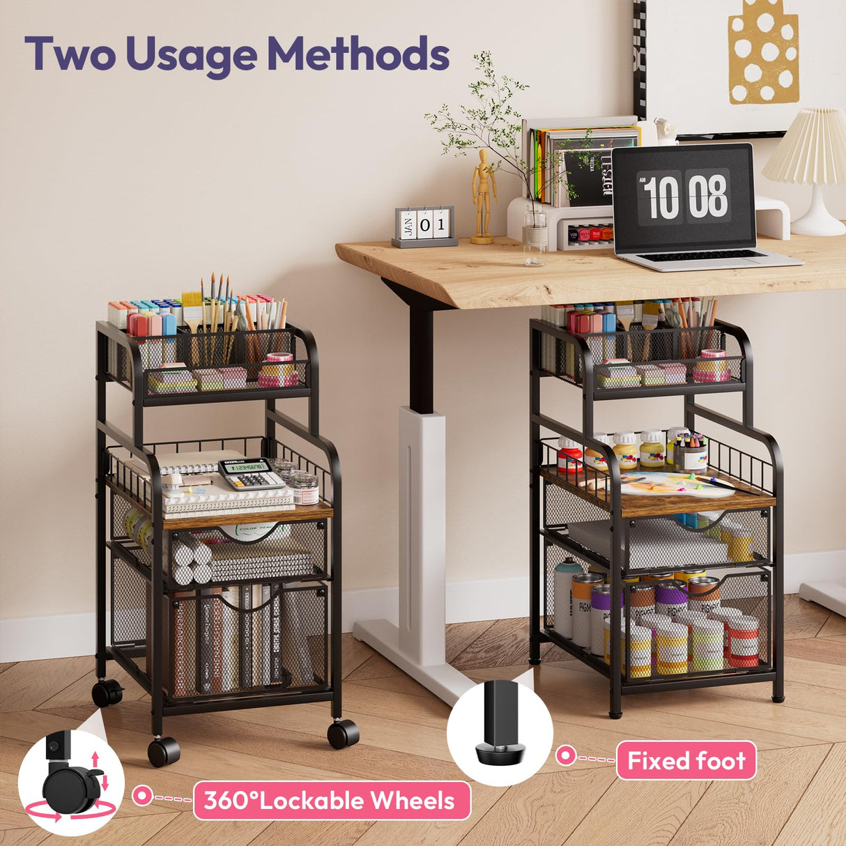 SWTYMIKI Rolling Cart with Drawers - Metal Utility Cart with Wood Shelf, DIY Divider and Locking Wheels, Craft & Art Cart Organizer for Under Desk Storage for Home Office Studio, Black SWTYMIKI