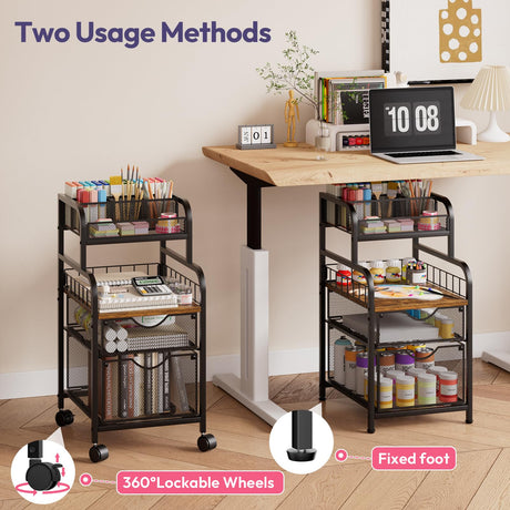 SWTYMIKI Rolling Cart with Drawers - Metal Utility Cart with Wood Shelf, DIY Divider and Locking Wheels, Craft & Art Cart Organizer for Under Desk Storage for Home Office Studio, Black SWTYMIKI