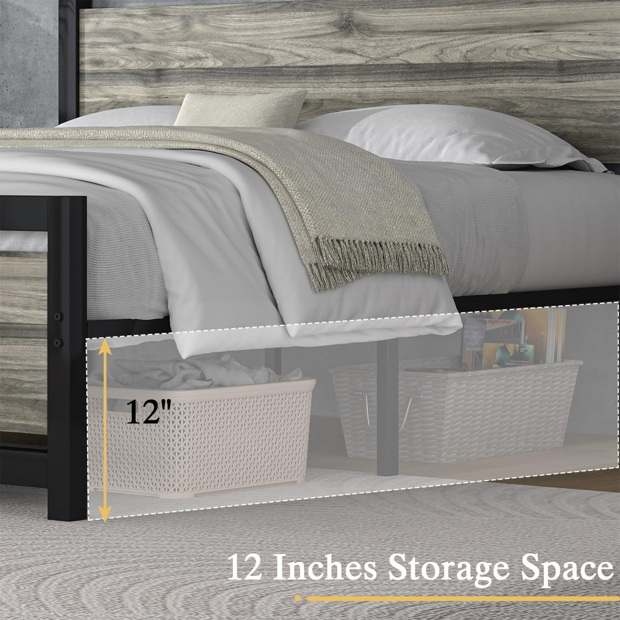 Catrimown Heavy Duty Full Size Bed Frame with Stylish Washed Grey Wood Headboard and Footboard Catrimown