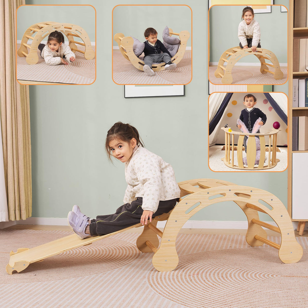 SHWWQUE Pikler Triangle Set Montessori Climbing Toys for Toddlers Pikler-3 Piece Indoor Playground 3 in 1 Foldable Baby Climbing Gym Jungle Gym for Kids Ages 1-6 Natural SHWWQUE