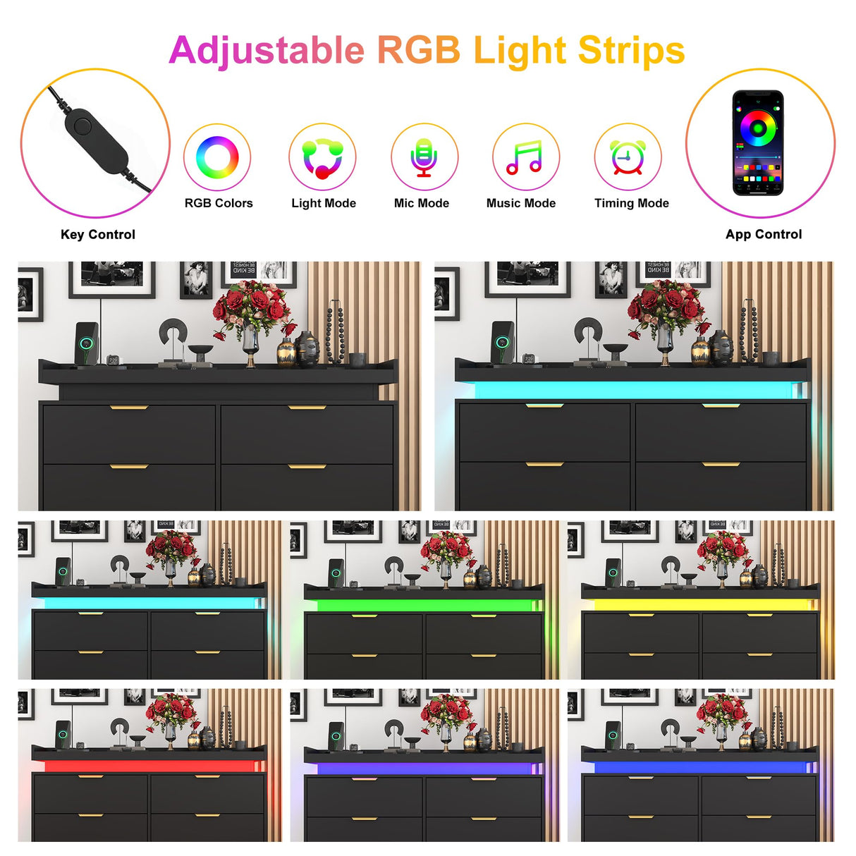 knoworld 6 Drawer Dresser for Bedroom, Black Dresser with LED Lights and Power Outlet, Wooden Dresser Modern Chest of Drawers, Tall Wide Drawer Dresser for Bedroom, Living Room, Entryway, Hallway knoworld