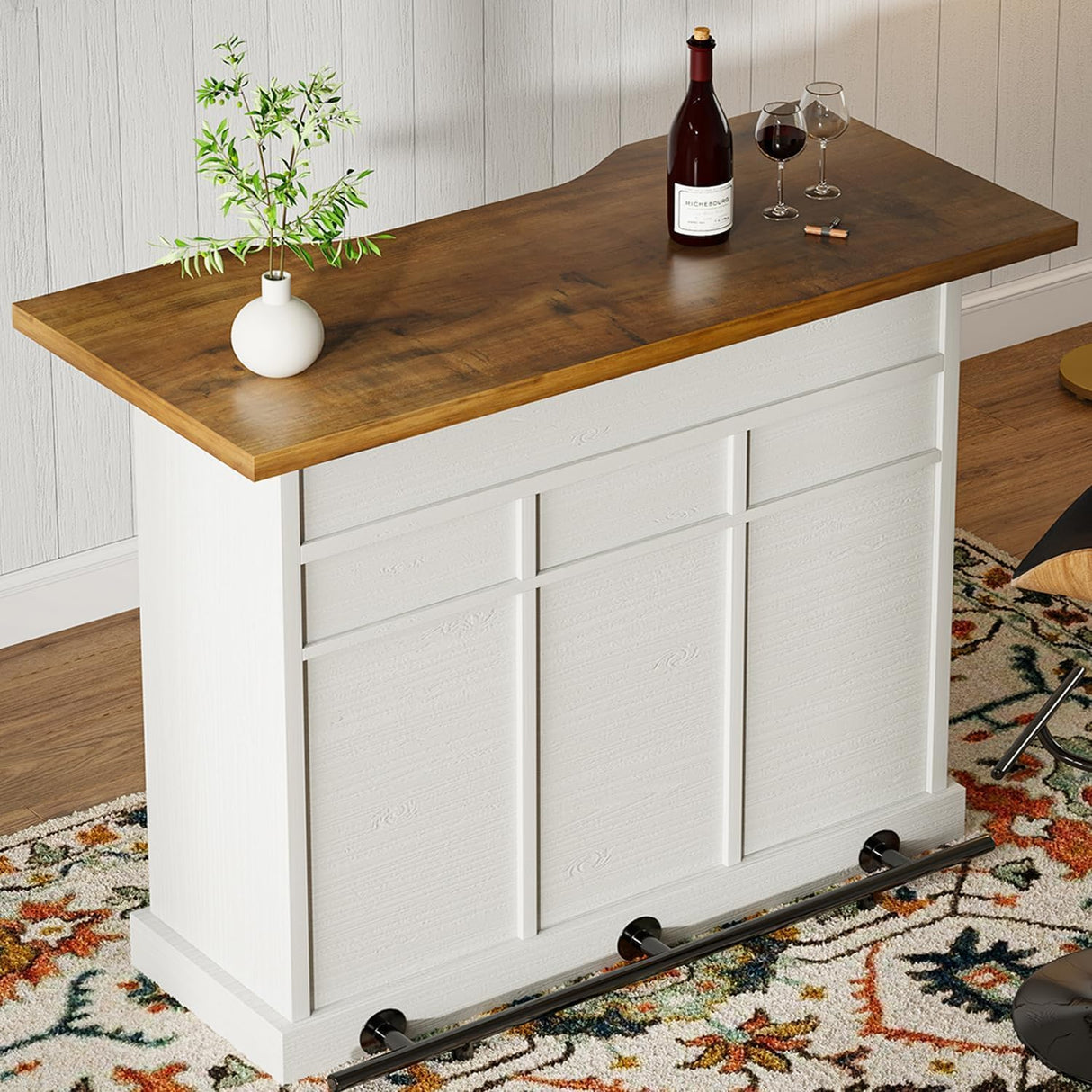 52 Inch Large Home Bar Unit with Foot Rail, 4-Tier Storage Bar Table with 3 Drawers, Farmhouse Wine Bar Cabinet with 9 Wine Rack & 2 Barn Doors, Home Bar Unit with Storage for Living Room, White 4ever2buy