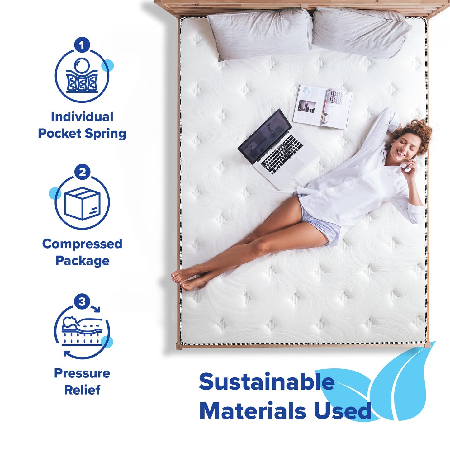 Olee Sleep Queen Mattress, 10 Inch Plush Cloud Hybrid Mattress, Gel Infused Memory Foam, Pocket Spring for Support and Pressure Relief, CertiPUR-US Certified, Bed-in-a-Box, Soft, Queen Size