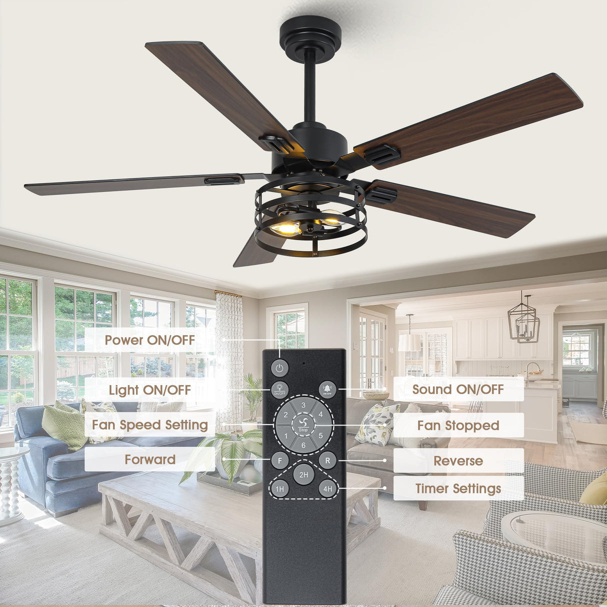 Vaczon 52" Farmhouse Ceiling Fans with Lights and Remote, Outdoor Ceiling Fan Dual Finish 5 Blades 6-Speed Quiet and Reversible DC Motor, Ceiling Fan with Light for Bedroom Living Room and Patio Vaczon