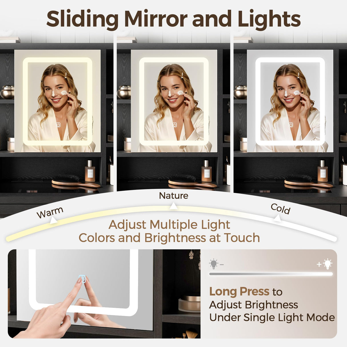 Farmhouse Makeup Vanity Desk with Sliding Mirror and Lights, Glass Desktop Makeup Vanity Desk with Charging Station, 3-Tier Hidden Slide-Out Vanity Shelves, Jewelry Storage Cabinet, 2 Drawers-Black Jocoevol