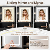 Farmhouse Makeup Vanity Desk with Sliding Mirror and Lights, Glass Desktop Makeup Vanity Desk with Charging Station, 3-Tier Hidden Slide-Out Vanity Shelves, Jewelry Storage Cabinet, 2 Drawers-Black Jocoevol