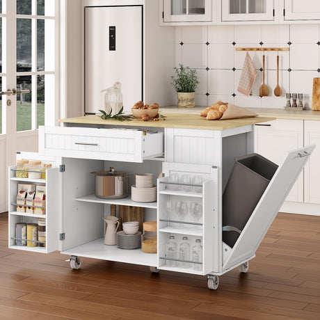 OtterOasis Kitchen Island with Storage, 31.5" D Rolling Kitchen Island Cart on Wheels with Widen Drop Leaf Rubberwood Top, Large Mobile Kitchen Island with Trash Can Storage and Towel Bar, White OtterOasis