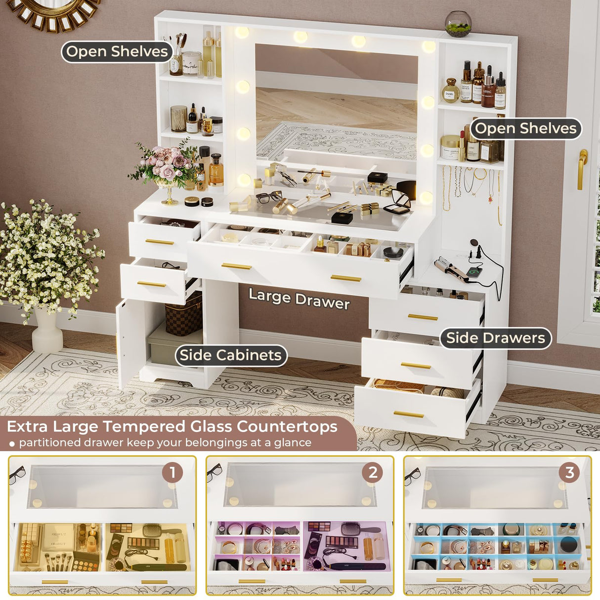 Hasuit 48.8'' Large Vanity Desk with Lighted Mirror & Power Outlet, White Makeup Vanity Table with 6 Drawers, 4 Shelves and 1 Storage Cabinet, Glass Tabletop Bedroom Dressing Table, 3 Lighting Modes Hasuit