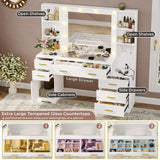 Hasuit 48.8'' Large Vanity Desk with Lighted Mirror & Power Outlet, White Makeup Vanity Table with 6 Drawers, 4 Shelves and 1 Storage Cabinet, Glass Tabletop Bedroom Dressing Table, 3 Lighting Modes Hasuit