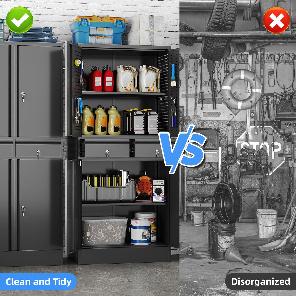 GLADIW Garage Storage Cabinet, Metal Storage Cabinet with 2 Drawers and 2 Adjustable Shelves, Metal Lockers with Pegboards for Homes, Offices, Kitchens, Schools and Pantries GLADIW