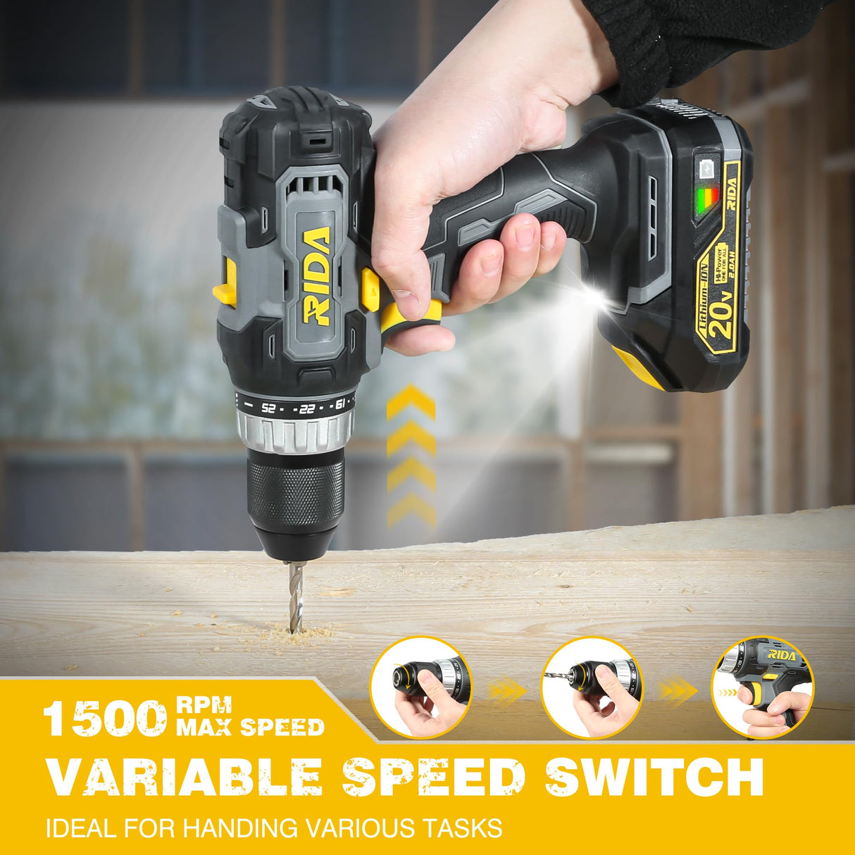 RIDA Cordless Drill Power Drill Cordless 20V 1/2'' Keyless Metal Chuck 355 In-lb(40N.m) Torque with 2.0AH Li-ion Battery & Fast Charger, Variable Speed, 25+1 Position and 22pcs Bits RIDA