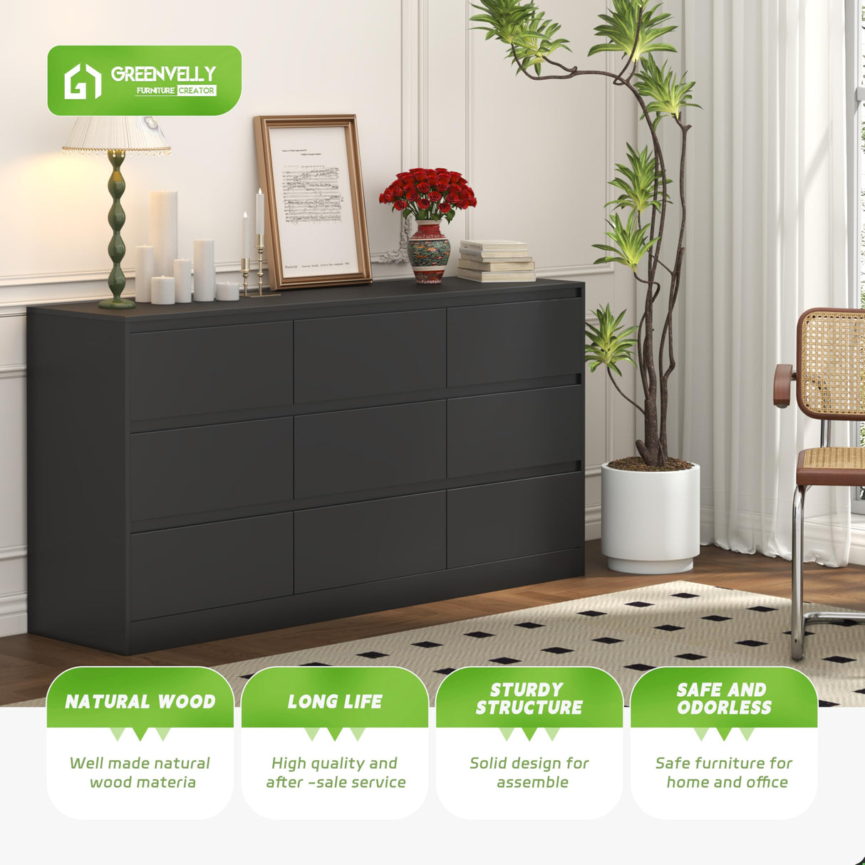 Greenvelly Black 9 Drawer Dresser, Modern Long 9 Drawer Dresser, Wood Dresser with 9 Large Drawers for Bedroom, Wooden Dressers & Chests of Drawers with Smooth Metal Rail for Nursery, Women, Family Greenvelly