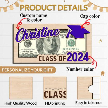 Bliver Personalized Graduation Money Holder Custom Wooden Graduation Card Box Cash Holder Envelope Class of 2024 Senior Money Gift for Graduates - WoodArtSupply