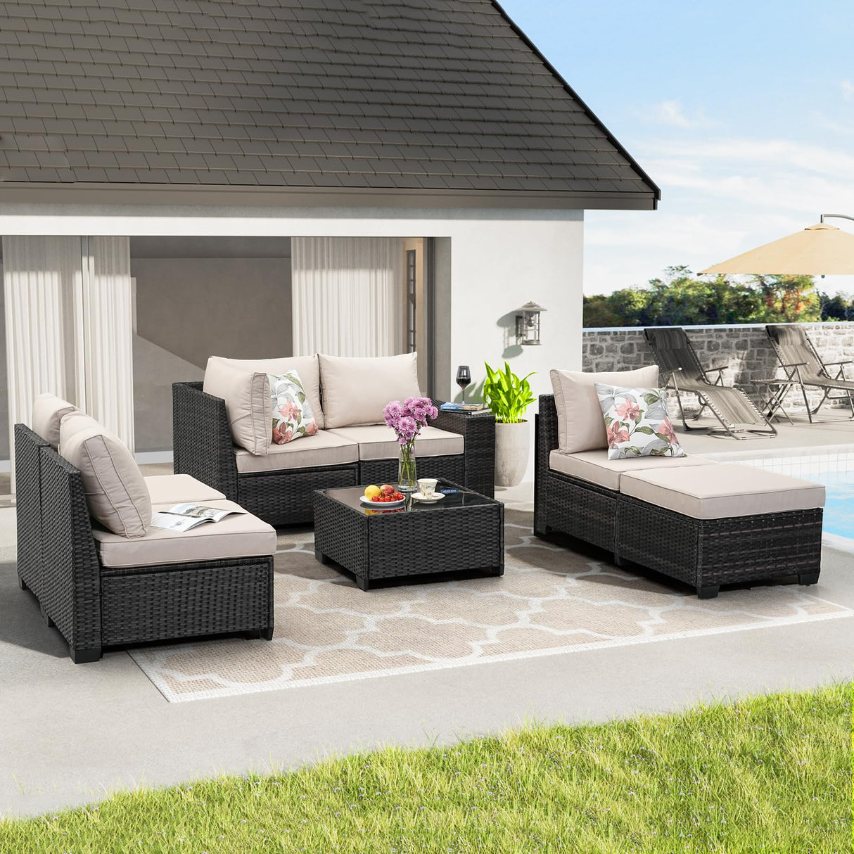 JOYURE 7 Pieces Patio Furniture Set All-Weather Outdoor Wicker Sectional Conversation Sofa Rattan Patio Seating Sofa with Cushion and Glass Table and Ottoman for Porch Poolside,Beige JOYURE