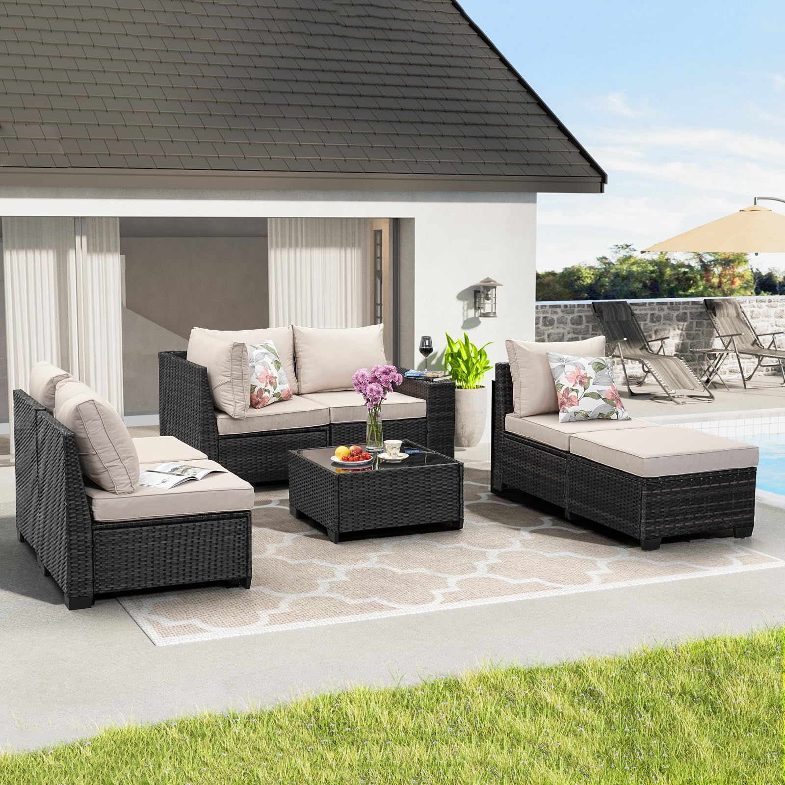 JOYURE 7 Pieces Patio Furniture Set All-Weather Outdoor Wicker Sectional Conversation Sofa Rattan Patio Seating Sofa with Cushion and Glass Table and Ottoman for Porch Poolside,Beige - WoodArtSupply