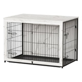 Megidok Wooden Dog Crate Furniture with Cushion, Dog Crate End Table with Tray, Double Doors Dog Crate(*L:43.1" L*28.6" W*30.3" H, Marble White) Megidok